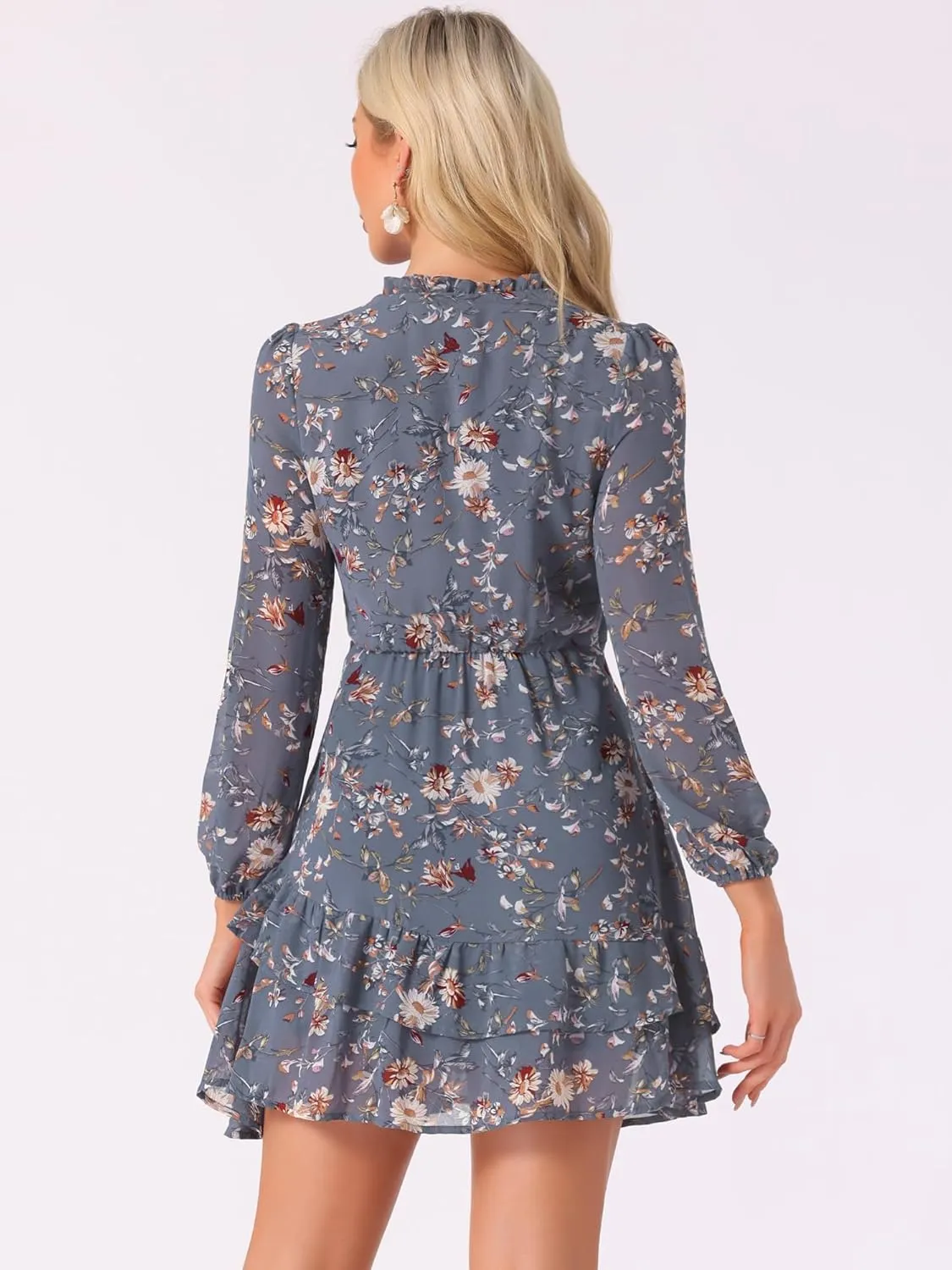 Allegra K Women's Summer Dresses 2025 Floral Tie V Neck Semi Sheer Long Sleeve Layered Tiered Chiffon Mini Dress
