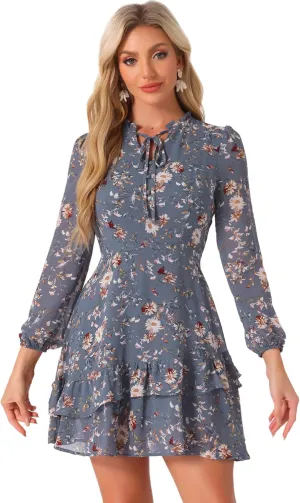 Allegra K Women's Summer Dresses 2025 Floral Tie V Neck Semi Sheer Long Sleeve Layered Tiered Chiffon Mini Dress
