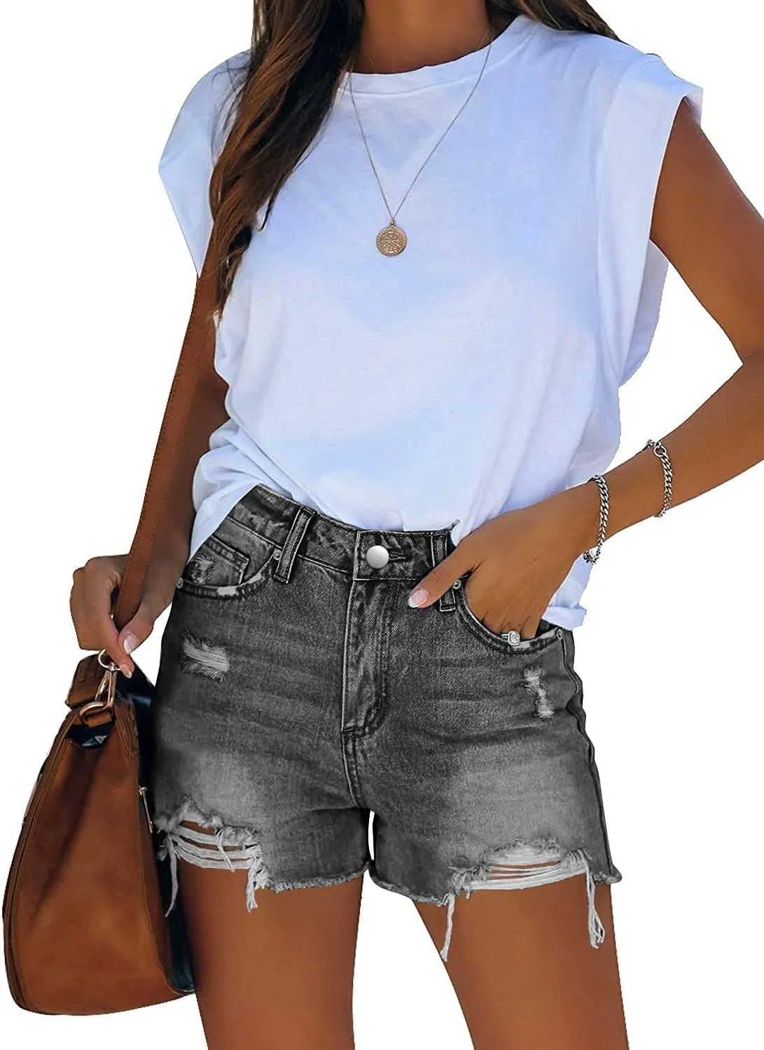 Angerella Women's Denim Shorts Mid Rise Ripped Jean Short