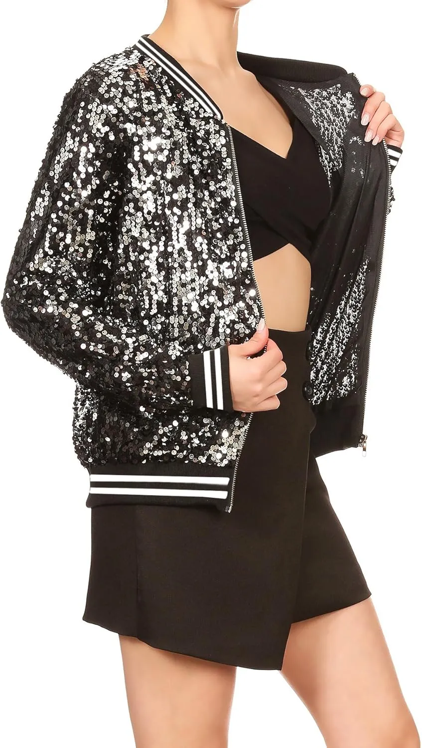 Anna-Kaci Womens Sequin Jacket Bomber Coat 1989 Slitter Outfit For Concert Party, Blue, Large