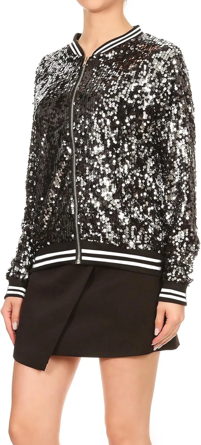 Anna-Kaci Womens Sequin Jacket Bomber Coat 1989 Slitter Outfit For Concert Party, Blue, Large