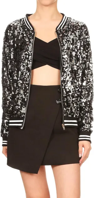 Anna-Kaci Womens Sequin Jacket Bomber Coat 1989 Slitter Outfit For Concert Party, Blue, Large