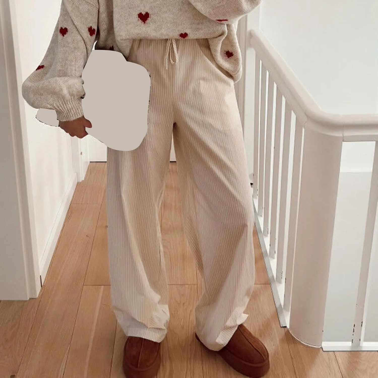 Awoscut Women's Elastic High Waist Y2K Fashion Pants Striped Print Straight Casual Wide Leg Trousers Lounge Pants Bottom
