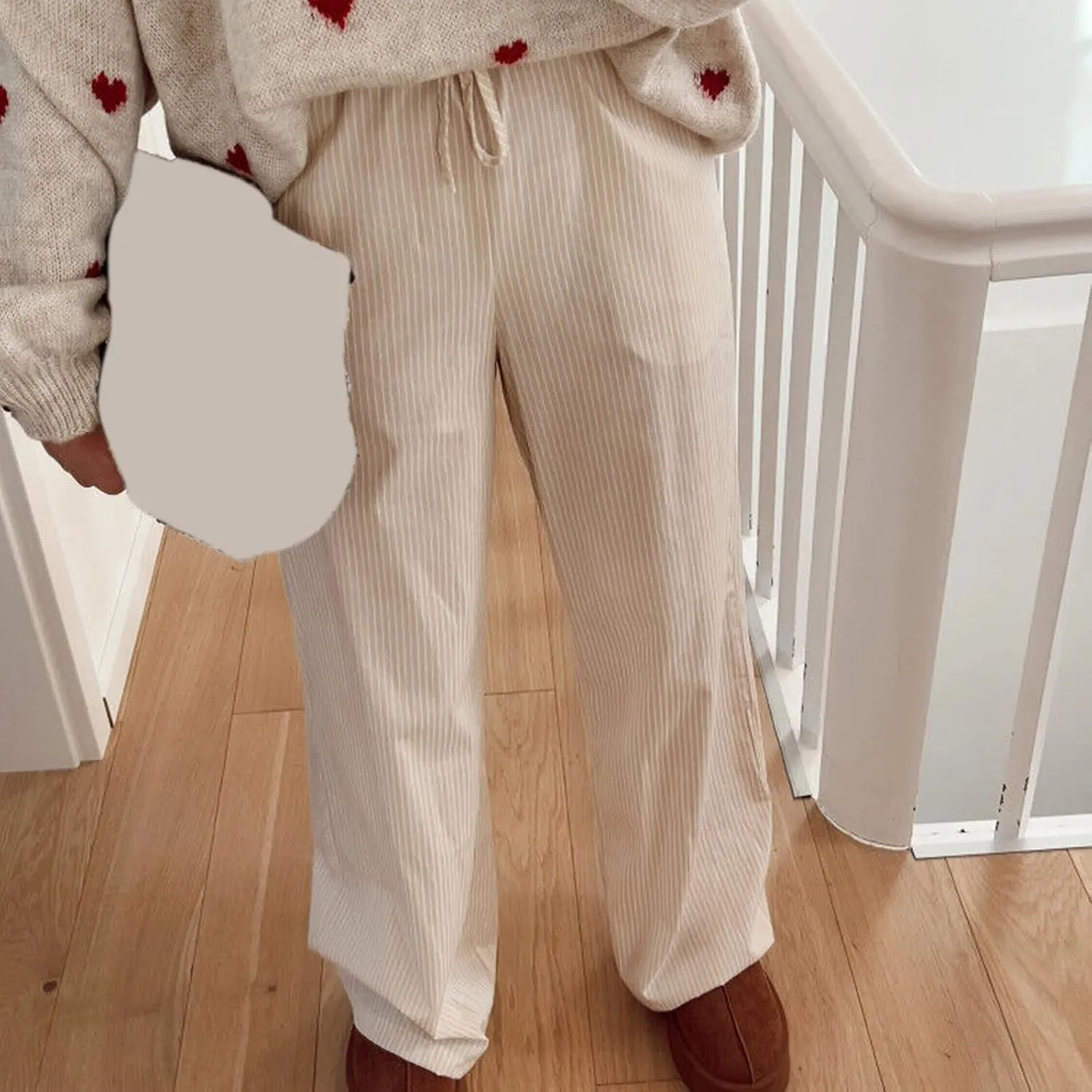 Awoscut Women's Elastic High Waist Y2K Fashion Pants Striped Print Straight Casual Wide Leg Trousers Lounge Pants Bottom