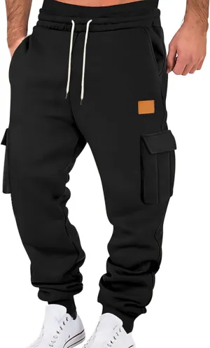 Baggy Cargo Sweatpants for Men Drawstring Waist Fleece Lined Joggers with Pockets Athletic Workout Pants Trousers