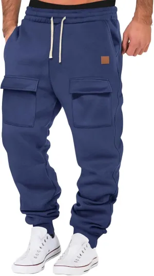 Baggy Cargo Sweatpants for Men Drawstring Waist Fleece Lined Joggers with Pockets Athletic Workout Pants Trousers