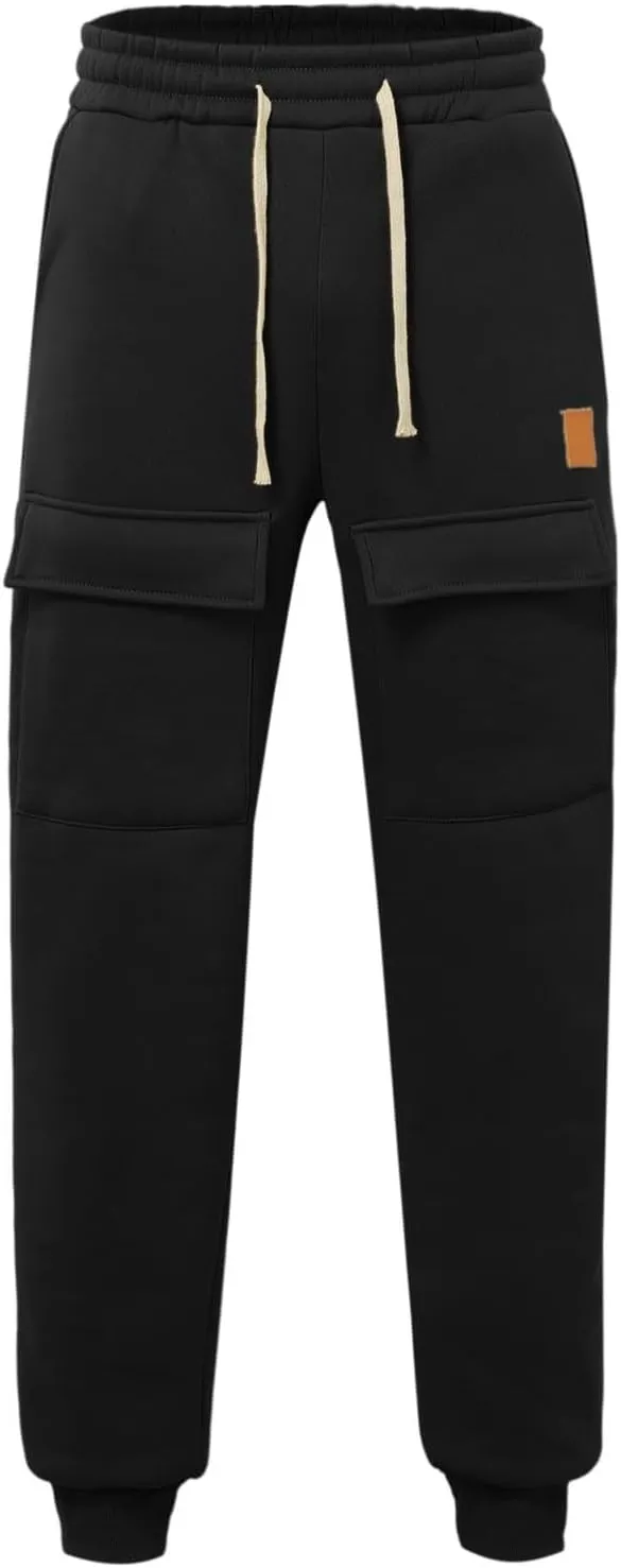 Baggy Cargo Sweatpants for Men Drawstring Waist Fleece Lined Joggers with Pockets Athletic Workout Pants Trousers