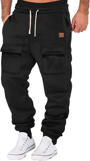 Baggy Cargo Sweatpants for Men Drawstring Waist Fleece Lined Joggers with Pockets Athletic Workout Pants Trousers