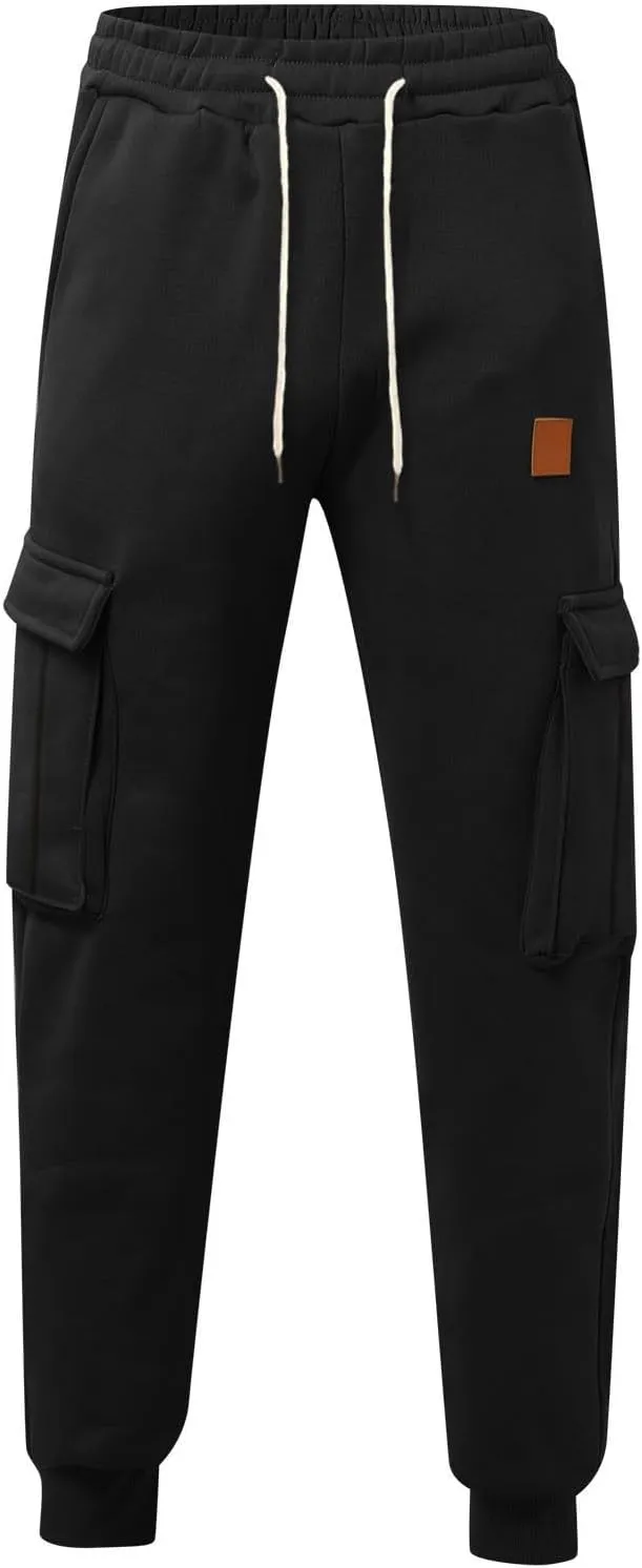 Baggy Cargo Sweatpants for Men Drawstring Waist Fleece Lined Joggers with Pockets Athletic Workout Pants Trousers