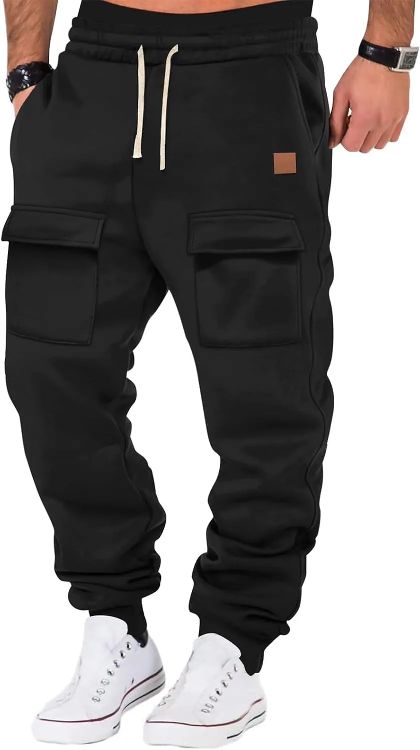 Baggy Cargo Sweatpants for Men Drawstring Waist Fleece Lined Joggers with Pockets Athletic Workout Pants Trousers