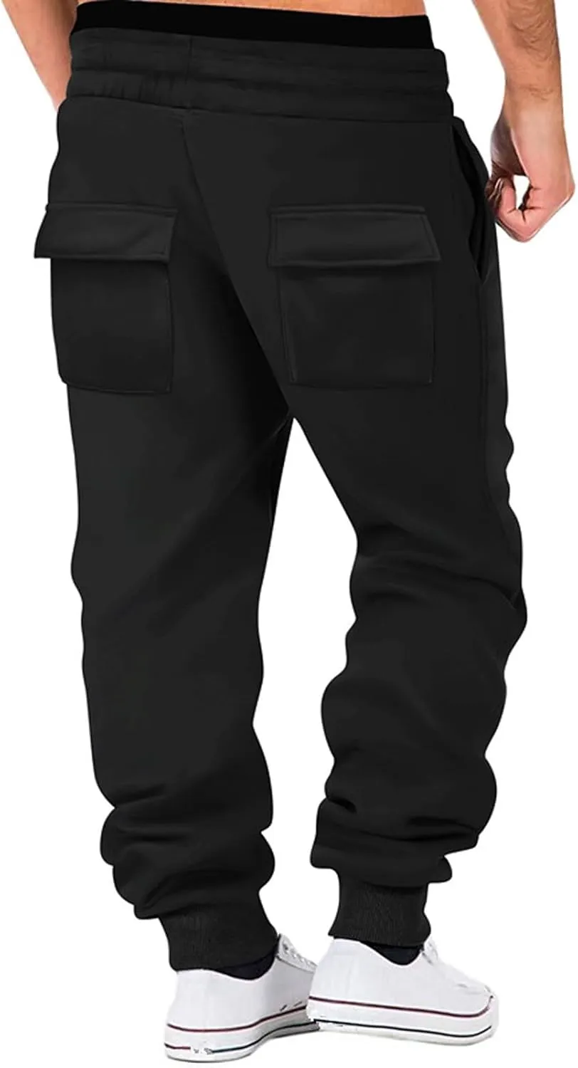 Baggy Cargo Sweatpants for Men Drawstring Waist Fleece Lined Joggers with Pockets Athletic Workout Pants Trousers