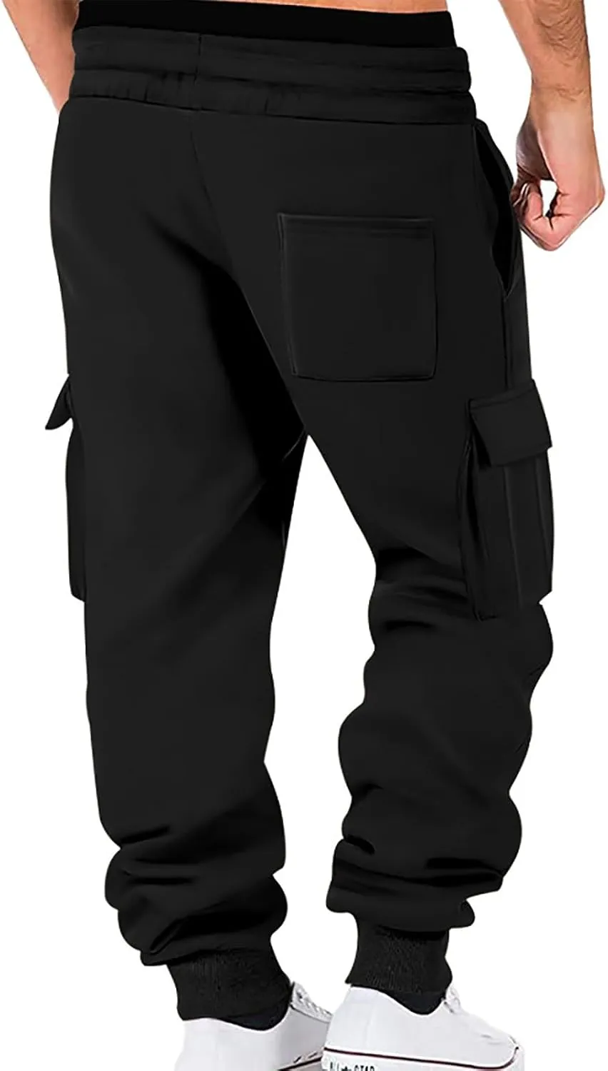 Baggy Cargo Sweatpants for Men Drawstring Waist Fleece Lined Joggers with Pockets Athletic Workout Pants Trousers