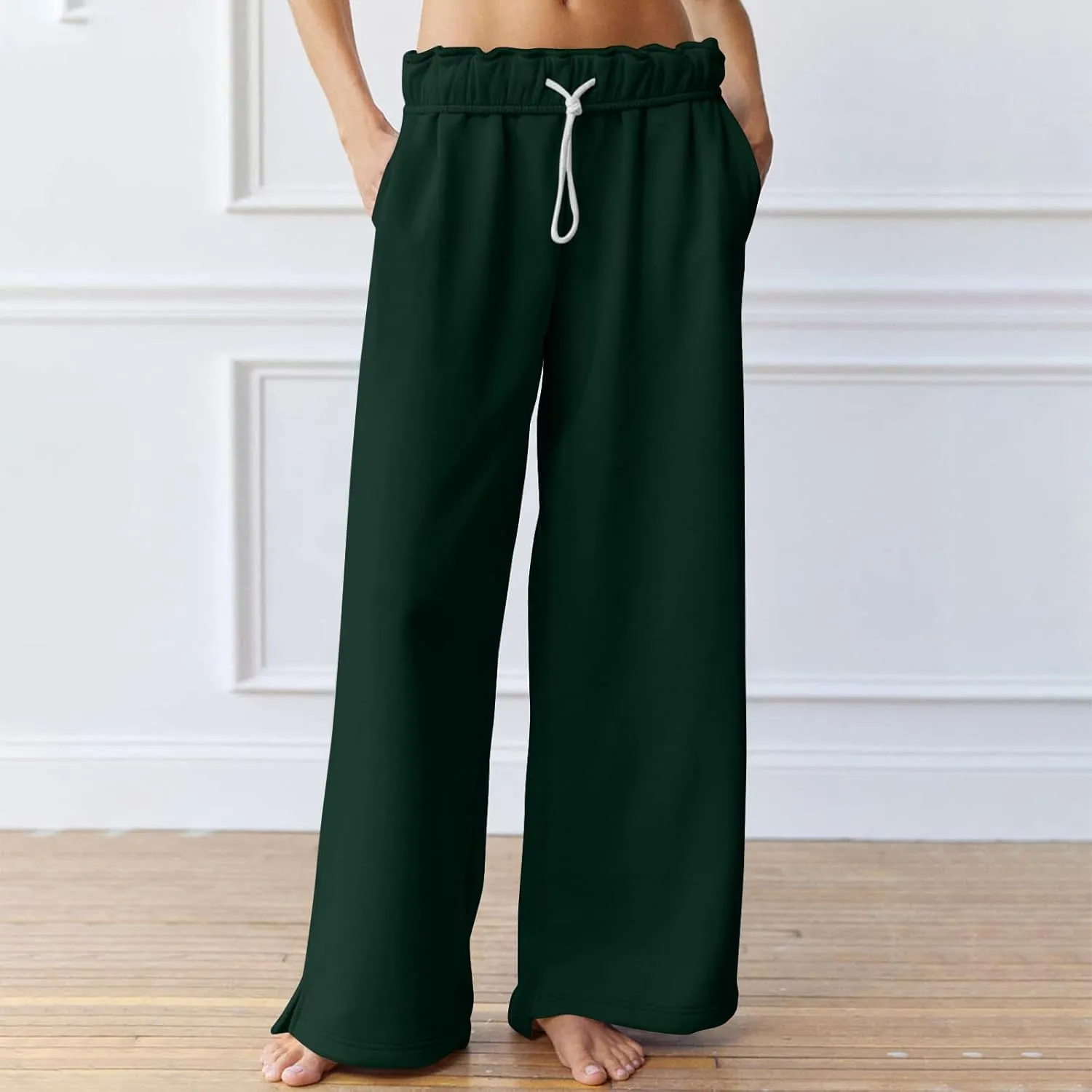 Baggy Sweat Pants for Women Elastic Wide Leg Pant Drawstring Elastic Waist Trouser Solid Plus Size Pant with Pockets