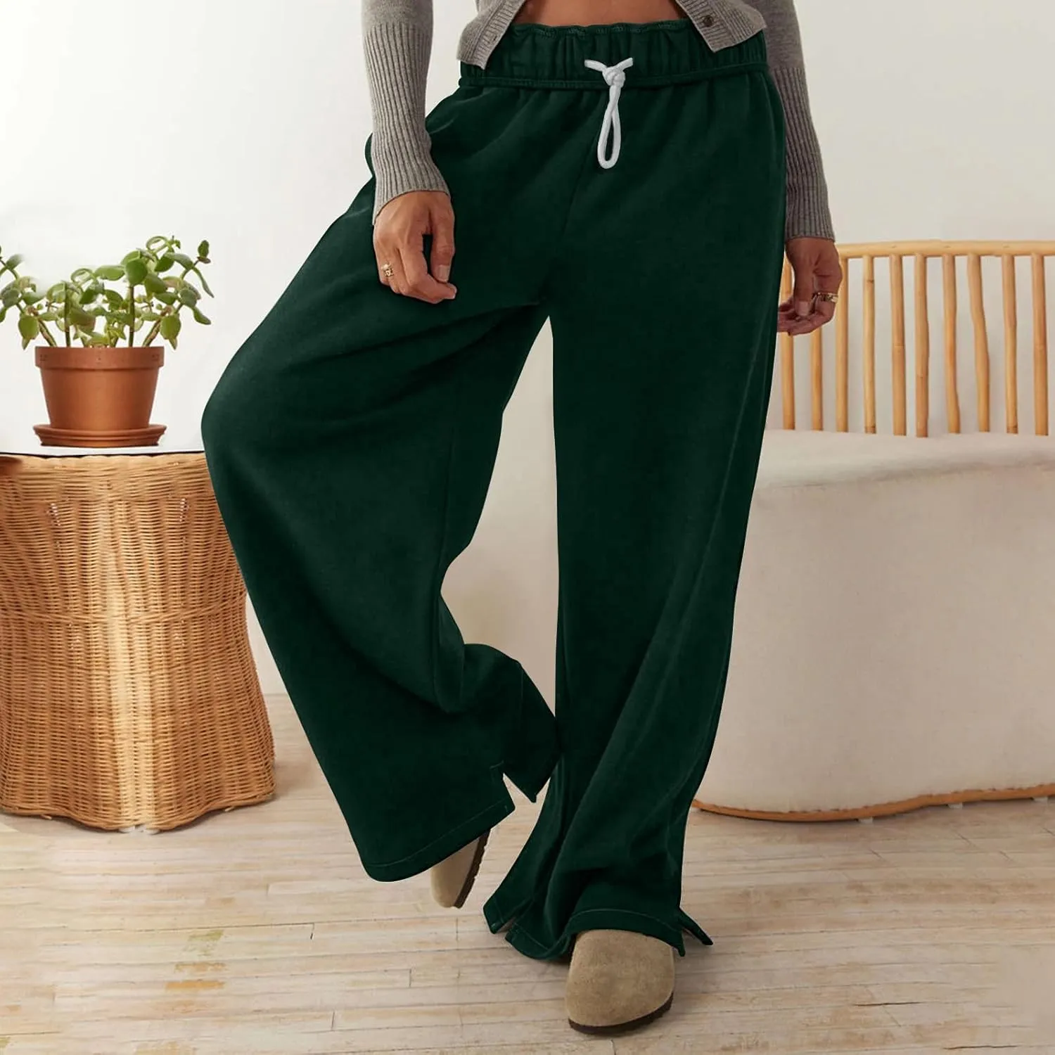Baggy Sweat Pants for Women Elastic Wide Leg Pant Drawstring Elastic Waist Trouser Solid Plus Size Pant with Pockets