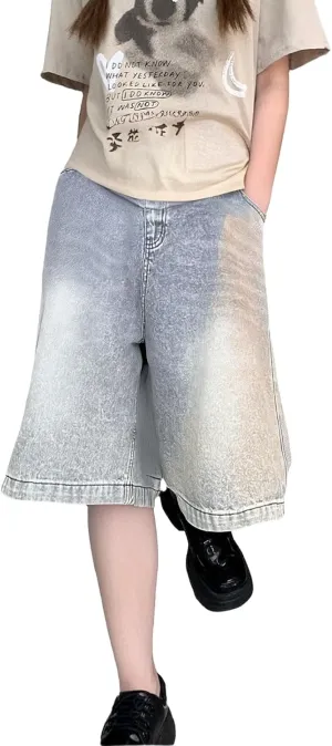 Bermuda Jean Shorts for Women A Line High Waisted Trendy Wide Leg Denim Shorts Knee Length Loose Fit Mid Thigh Pants