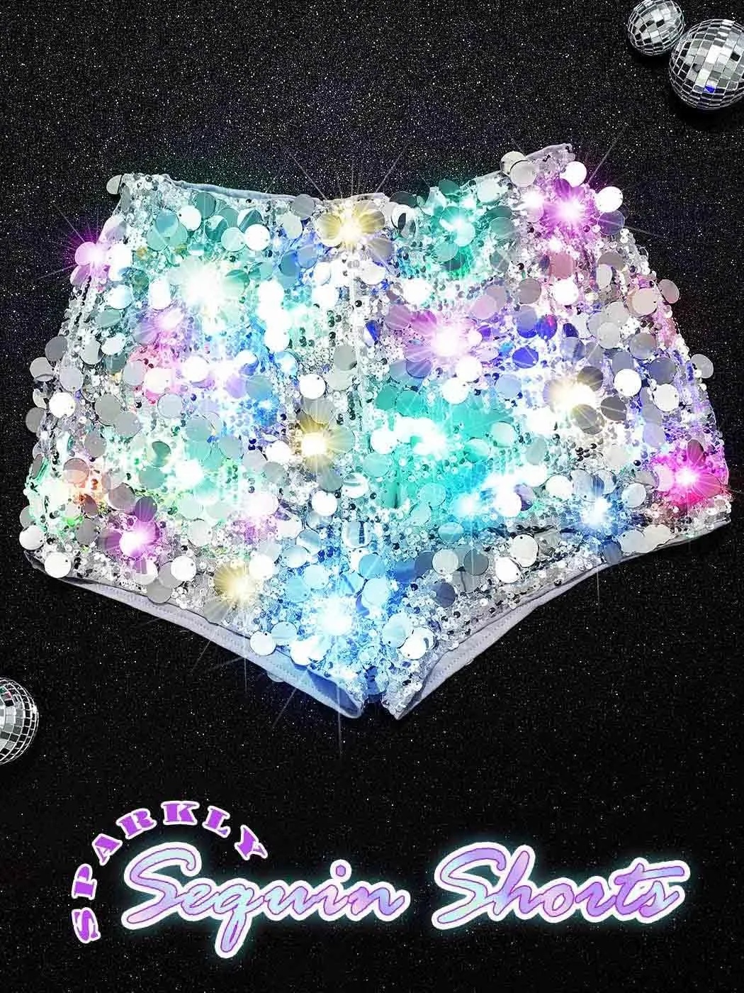 BODIY Women Dot Sequin Shorts Led Light up High Waisted Sparkly Rave Hot Pants Glitter Booty Bottoms Shorts for Disco Concert