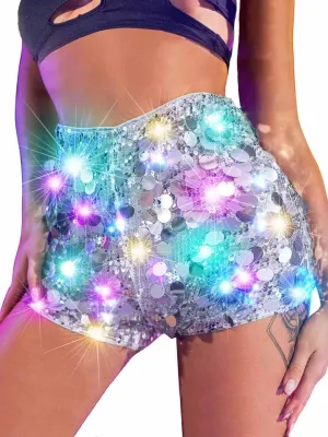 BODIY Women Dot Sequin Shorts Led Light up High Waisted Sparkly Rave Hot Pants Glitter Booty Bottoms Shorts for Disco Concert