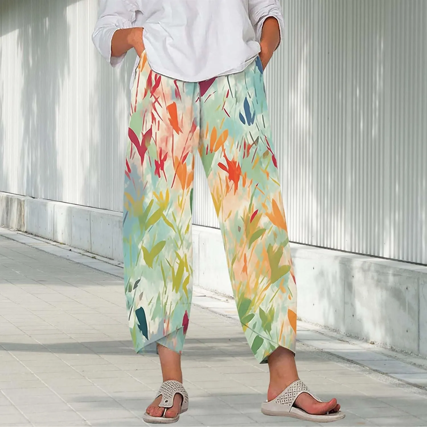 Boho Cotton Linen Pants for Womens Summer Floral Capri Pants Wide Leg Comfy Baggy Palazzo Trousers