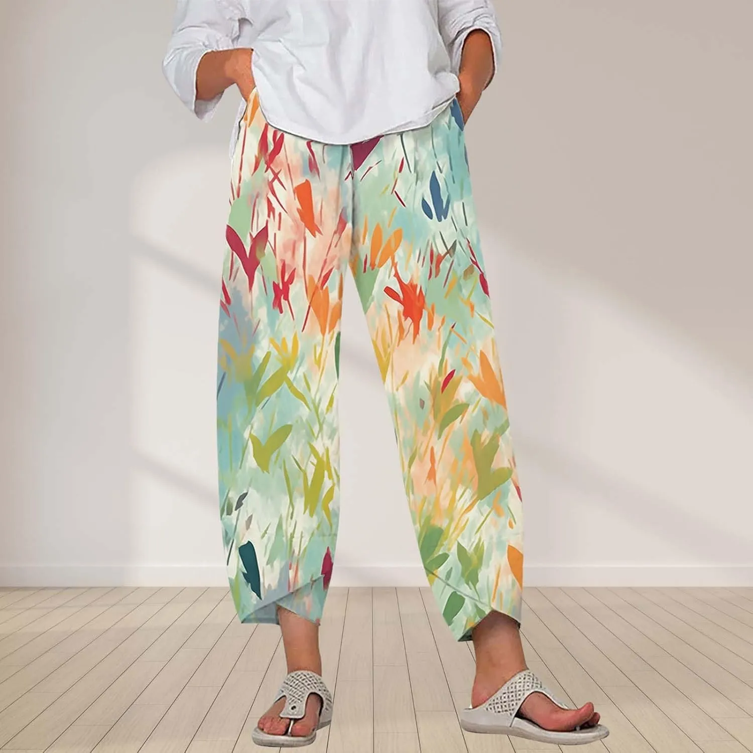 Boho Cotton Linen Pants for Womens Summer Floral Capri Pants Wide Leg Comfy Baggy Palazzo Trousers