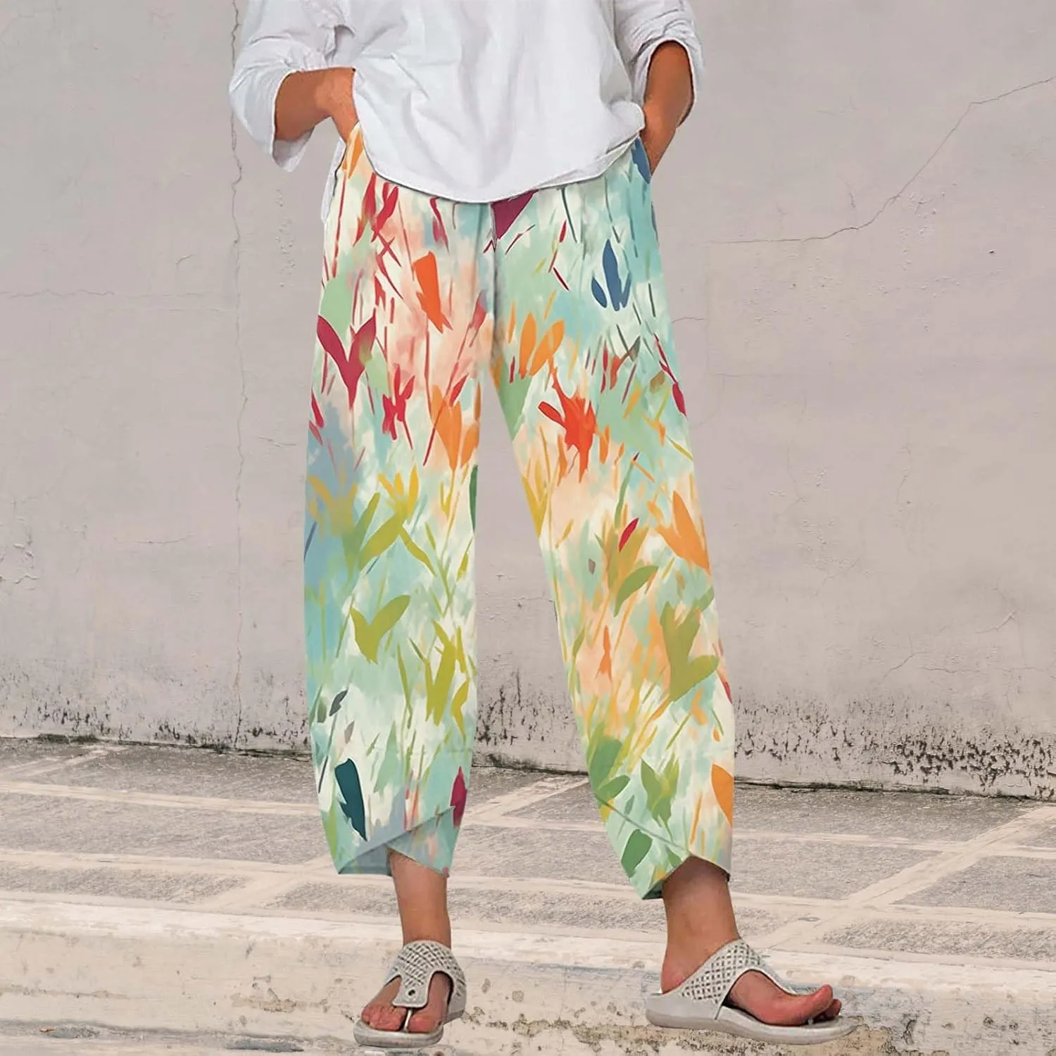 Boho Cotton Linen Pants for Womens Summer Floral Capri Pants Wide Leg Comfy Baggy Palazzo Trousers