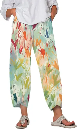 Boho Cotton Linen Pants for Womens Summer Floral Capri Pants Wide Leg Comfy Baggy Palazzo Trousers