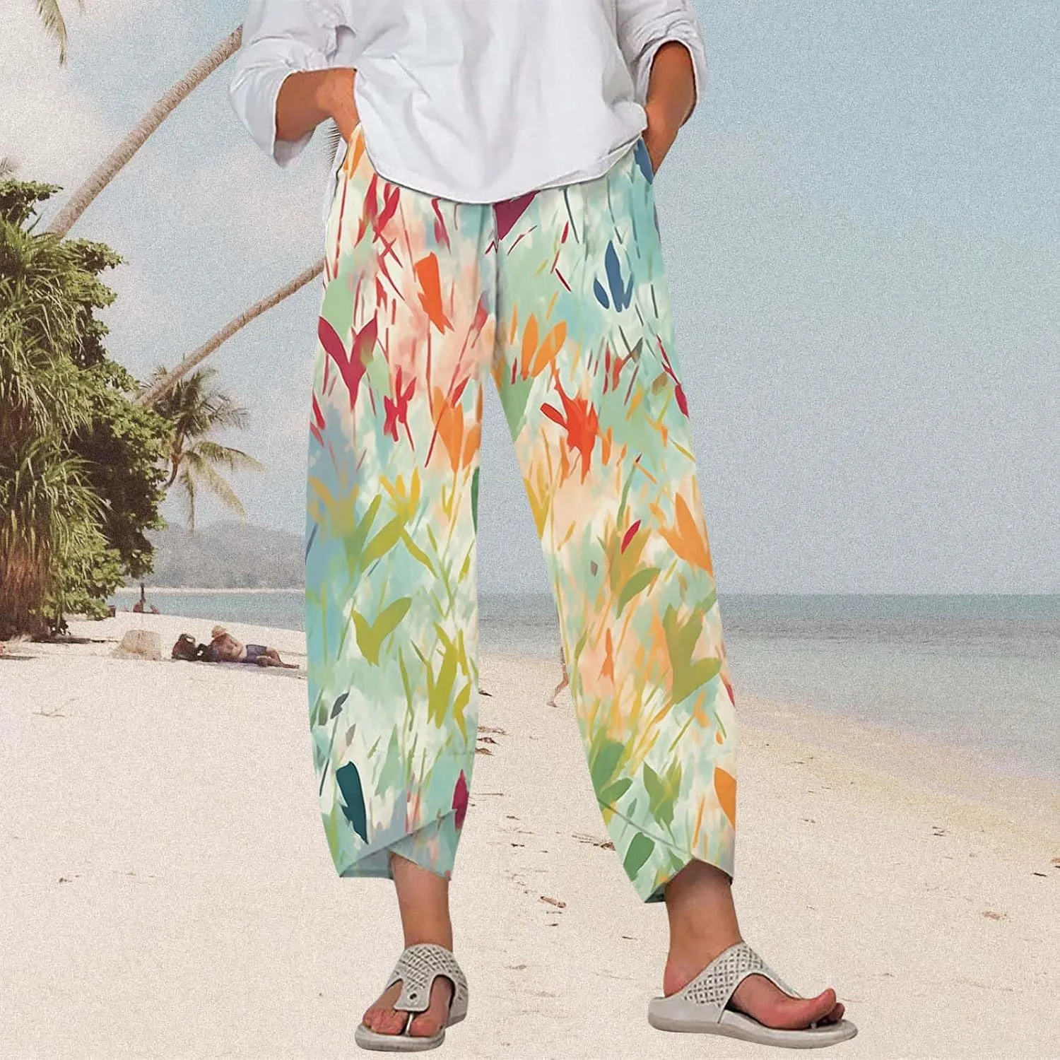Boho Cotton Linen Pants for Womens Summer Floral Capri Pants Wide Leg Comfy Baggy Palazzo Trousers