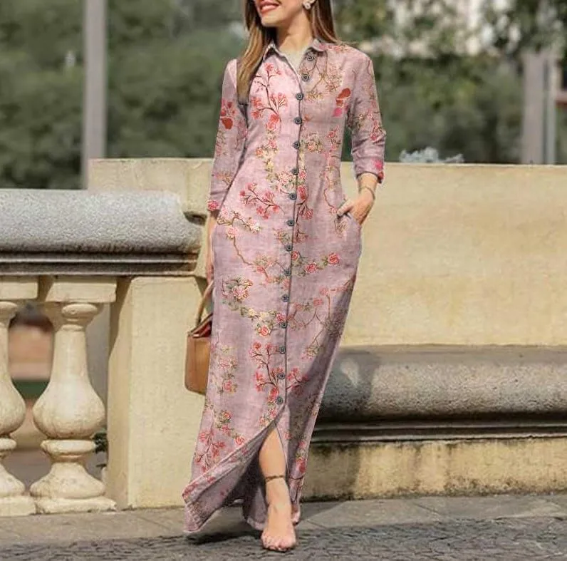 Boho Floral Print Tshirt Maxi Dress for Women Rolled Up Long Sleeve Button Front Shirt Dress with Pockets