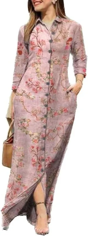 Boho Floral Print Tshirt Maxi Dress for Women Rolled Up Long Sleeve Button Front Shirt Dress with Pockets