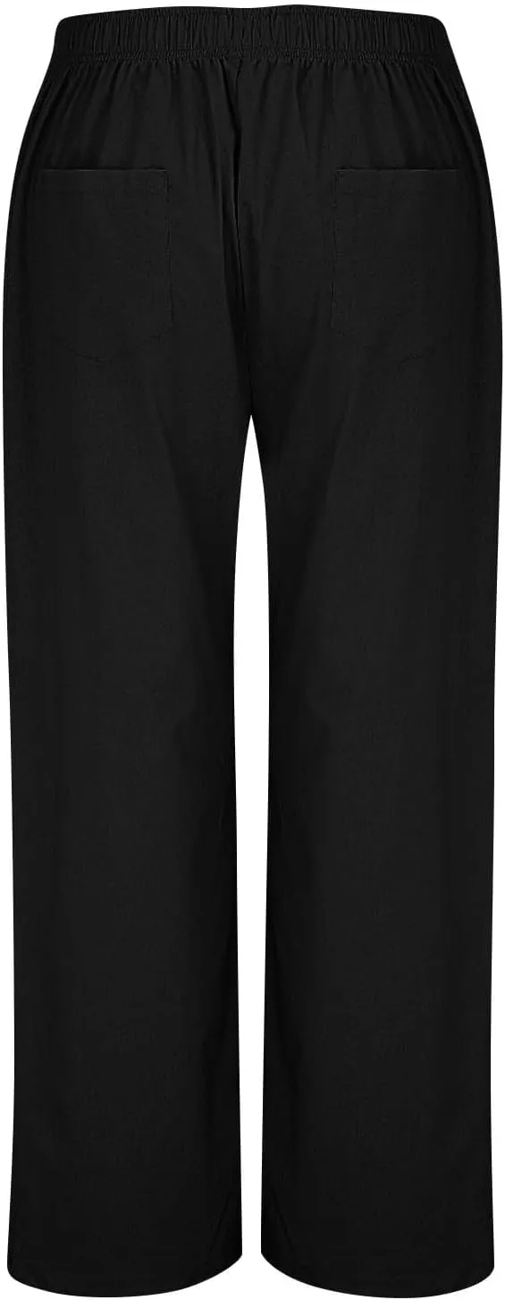 Boho Linen Pants for Women Petite Summer Wide Leg Casual Loose Drawstring High Waist Palazzo Trousers Pants Pockets