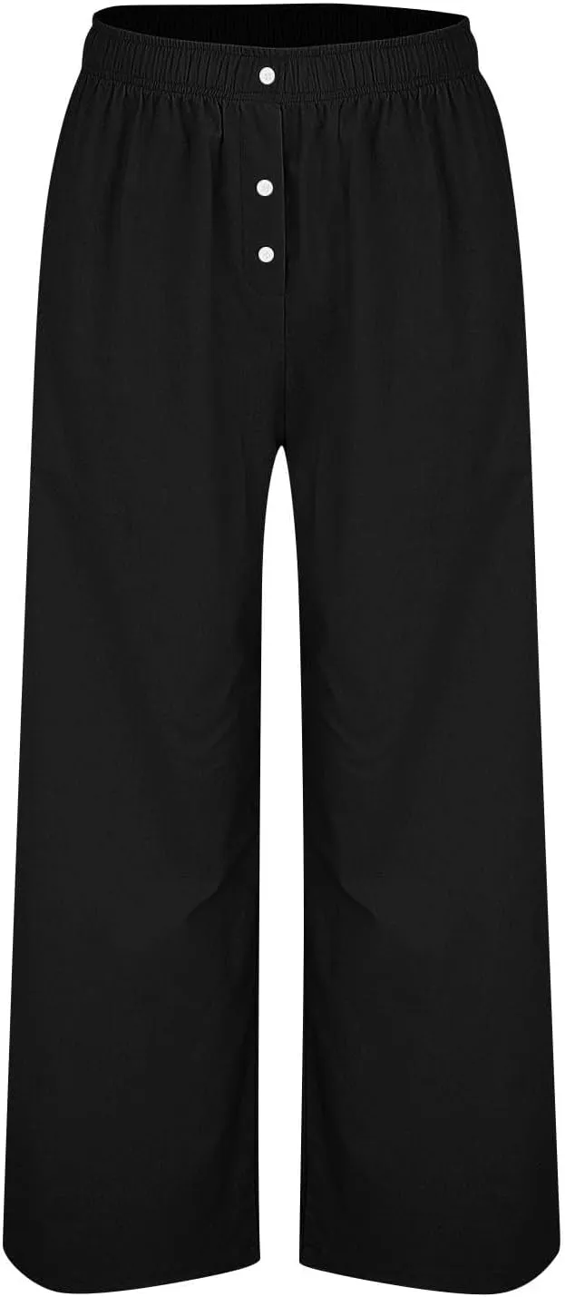 Boho Linen Pants for Women Petite Summer Wide Leg Casual Loose Drawstring High Waist Palazzo Trousers Pants Pockets