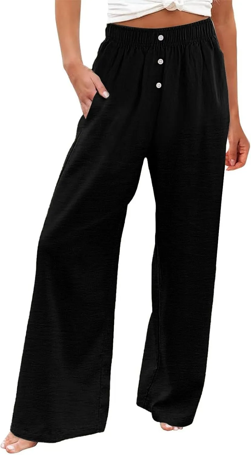 Boho Linen Pants for Women Petite Summer Wide Leg Casual Loose Drawstring High Waist Palazzo Trousers Pants Pockets