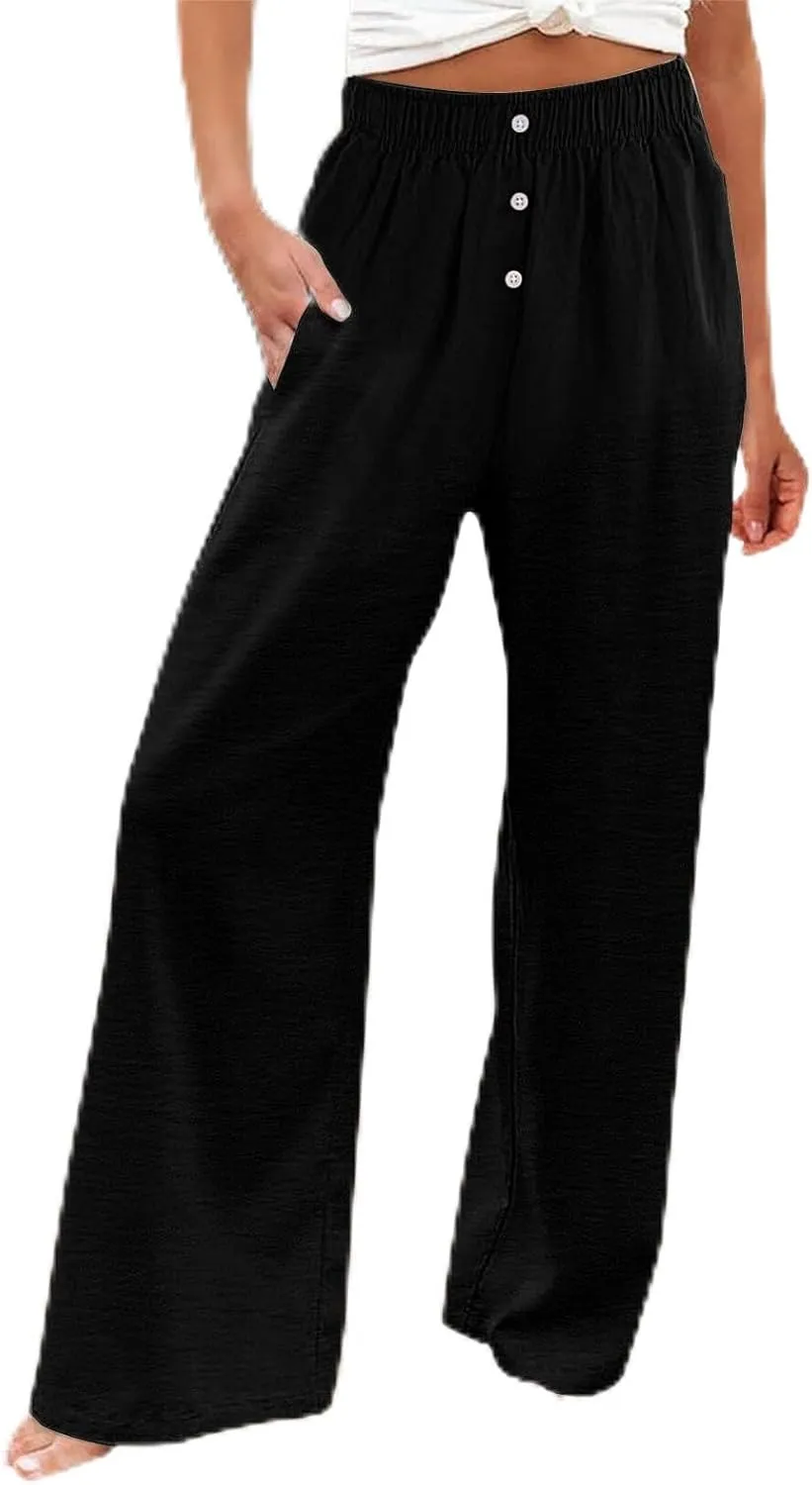 Boho Linen Pants for Women Petite Summer Wide Leg Casual Loose Drawstring High Waist Palazzo Trousers Pants Pockets