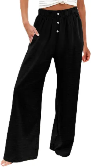 Boho Linen Pants for Women Petite Summer Wide Leg Casual Loose Drawstring High Waist Palazzo Trousers Pants Pockets