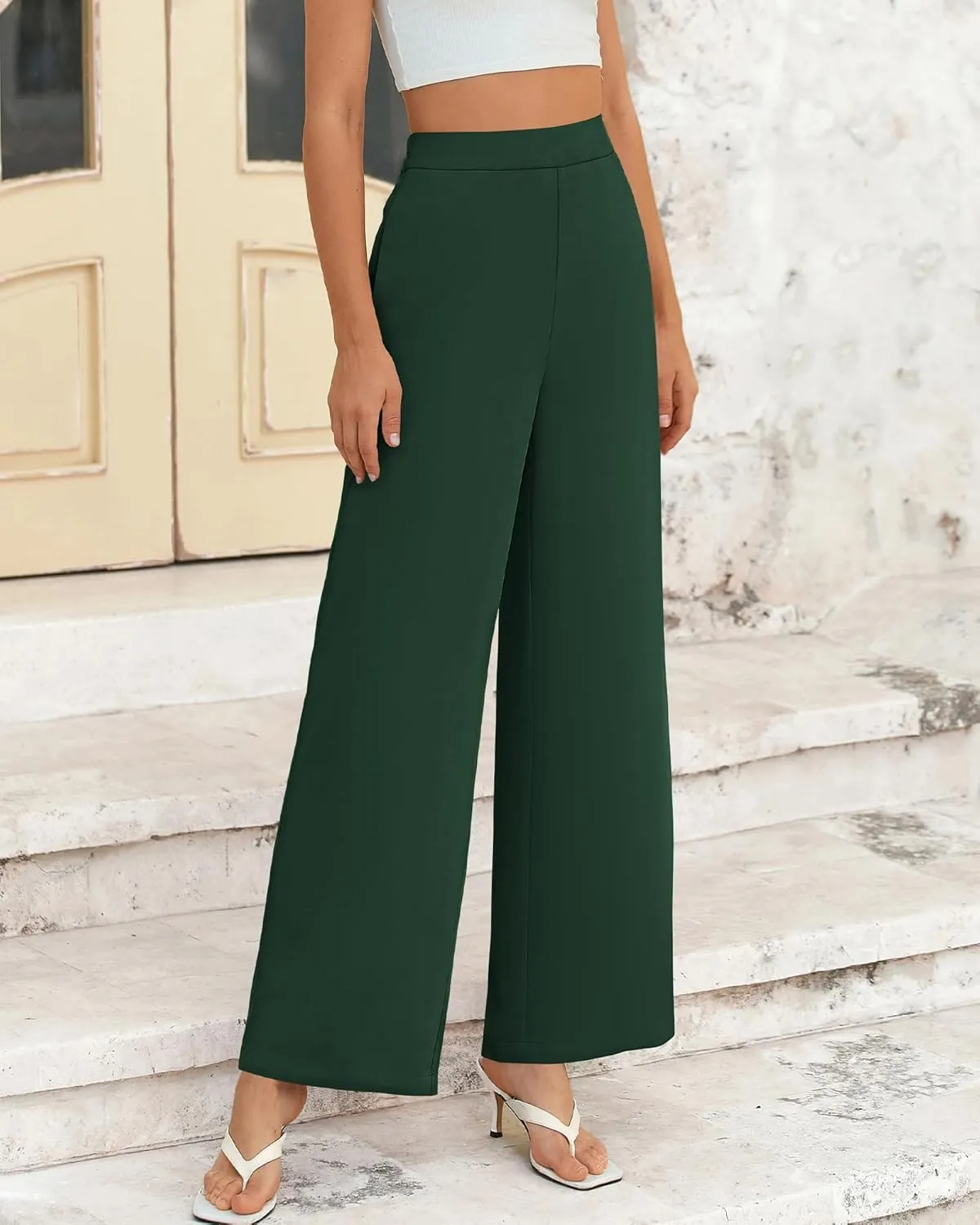 BTFBM Womens Wide Leg Pants Dressy Casual Elastic High Waisted Palazzo Business Lounge Trousers with Pockets