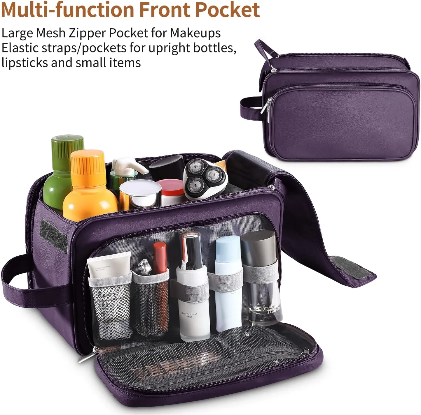 Buruis Extra Large Toiletry Bag for Men & Women, Travel Toiletry Organizer Dopp Kit Water-resistant Shaving Bags, PU Leather Cosmetic Bathroom Shower Bag for Toiletries, Accessories (Purple)