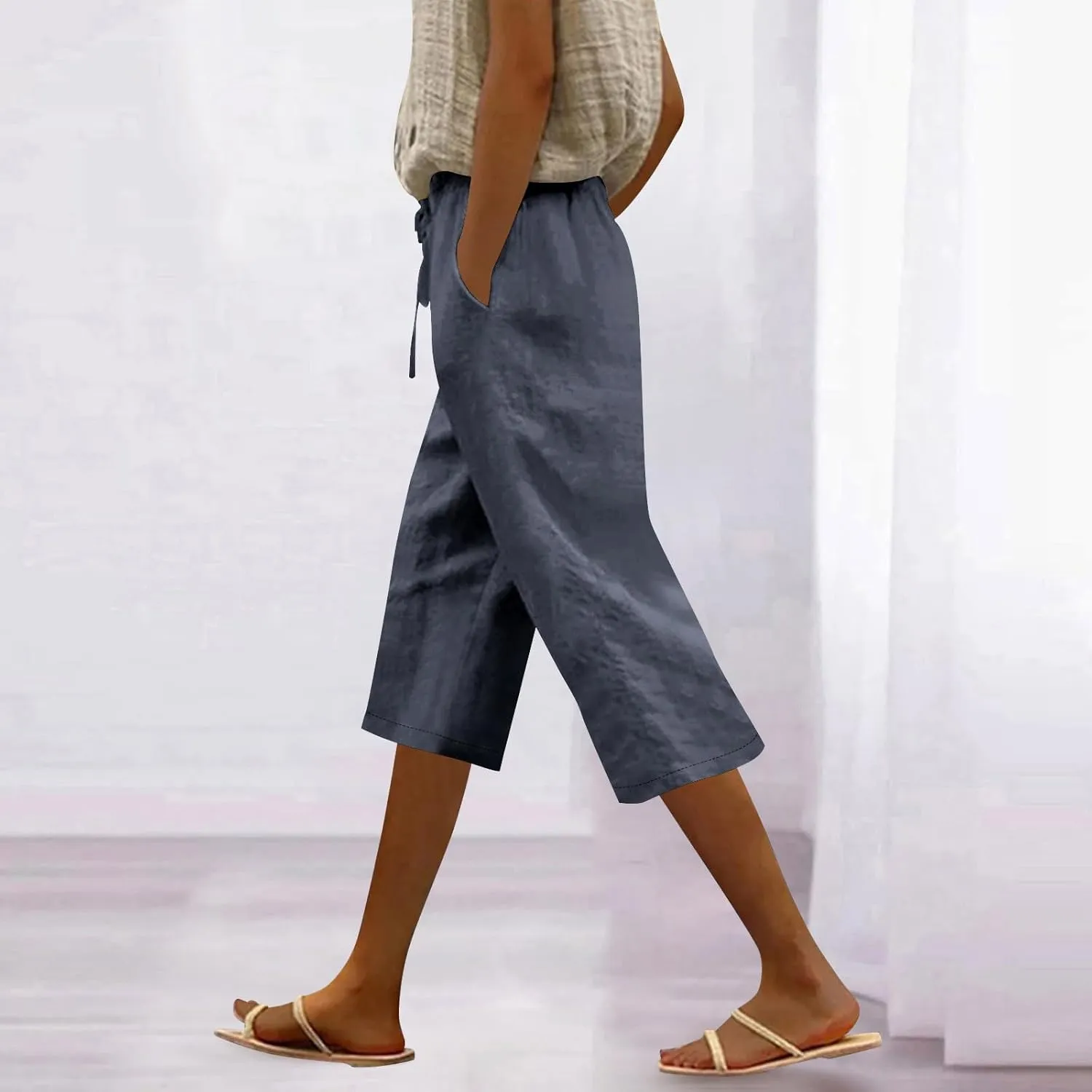 Capri Pants for Women Casual Summer Cotton Linen Capris Elastic High Waist Pants Wide Leg Cropped Trousers