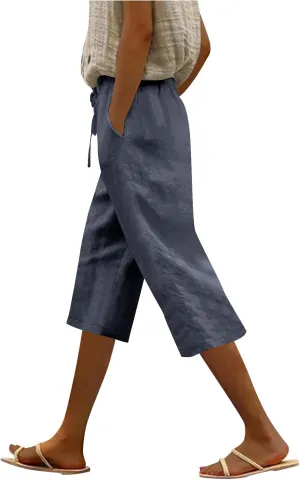 Capri Pants for Women Casual Summer Cotton Linen Capris Elastic High Waist Pants Wide Leg Cropped Trousers
