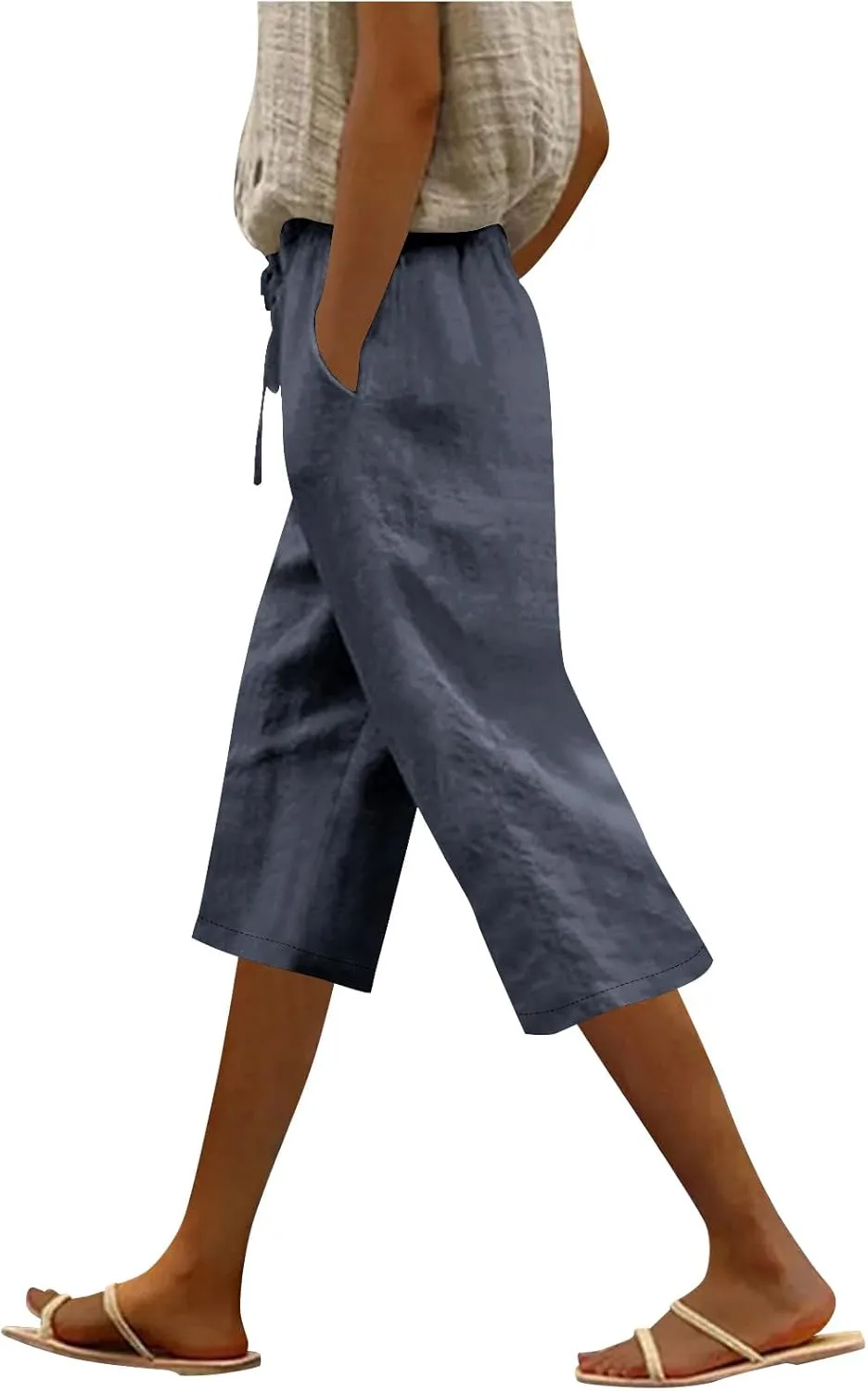 Capri Pants for Women Casual Summer Cotton Linen Capris Elastic High Waist Pants Wide Leg Cropped Trousers