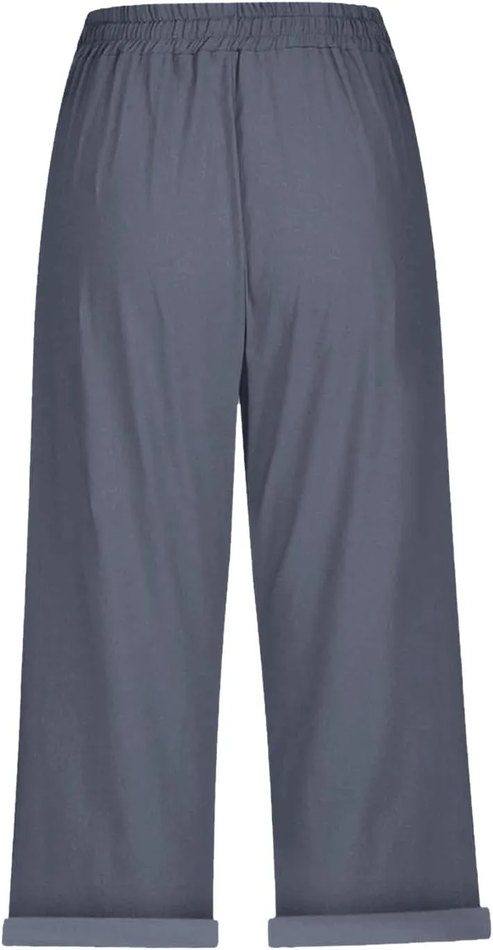 Capri Pants for Women Casual Summer Cotton Linen Capris Elastic High Waist Pants Wide Leg Cropped Trousers