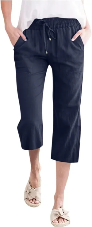Capri Pants for Women Summer Casual Lounge Pants Cropped Cotton Linen Comfy Drawstring Baggy Trousers with Pockets
