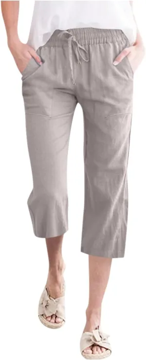 Capri Pants for Women Summer Casual Lounge Pants Cropped Cotton Linen Comfy Drawstring Baggy Trousers with Pockets