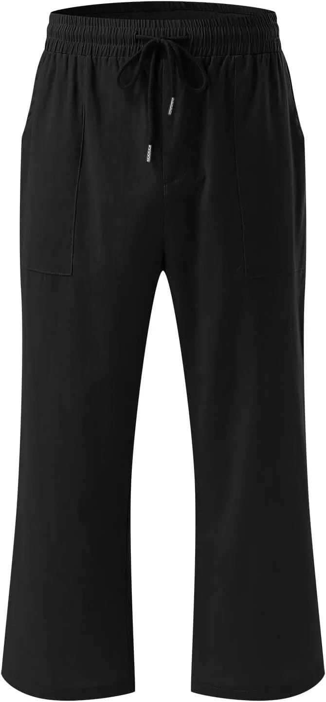 Capri Pants for Women Summer Casual Lounge Pants Cropped Cotton Linen Comfy Drawstring Baggy Trousers with Pockets