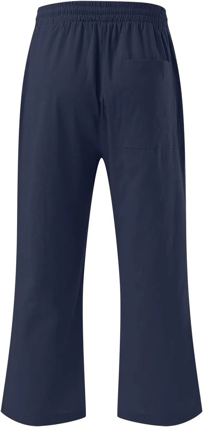 Capri Pants for Women Summer Casual Lounge Pants Cropped Cotton Linen Comfy Drawstring Baggy Trousers with Pockets
