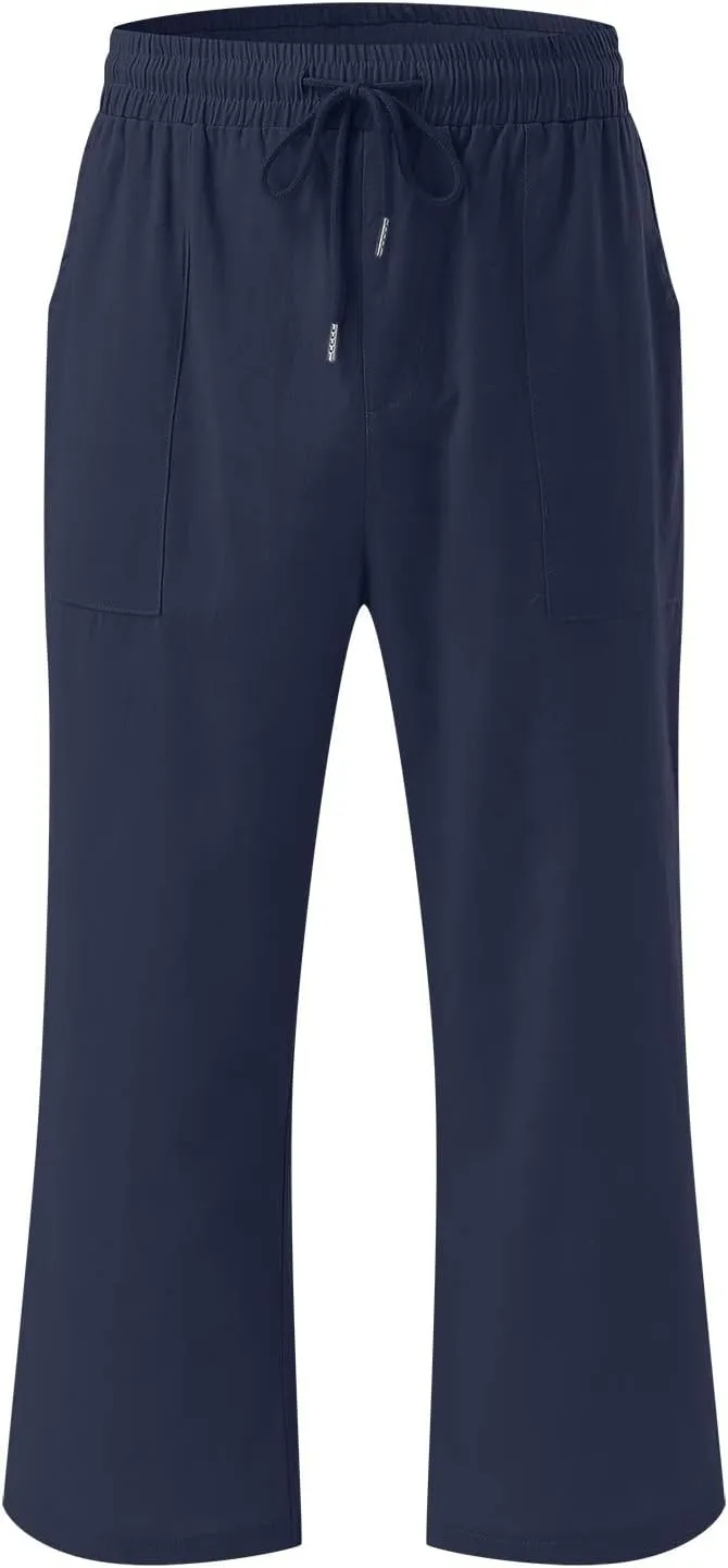 Capri Pants for Women Summer Casual Lounge Pants Cropped Cotton Linen Comfy Drawstring Baggy Trousers with Pockets