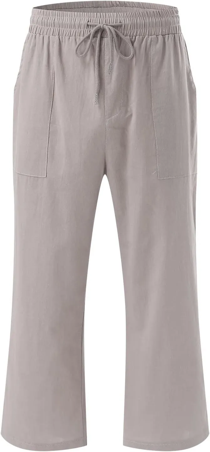 Capri Pants for Women Summer Casual Lounge Pants Cropped Cotton Linen Comfy Drawstring Baggy Trousers with Pockets
