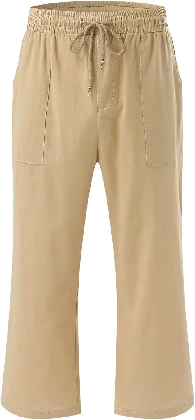 Capri Pants for Women Summer Casual Lounge Pants Cropped Cotton Linen Comfy Drawstring Baggy Trousers with Pockets