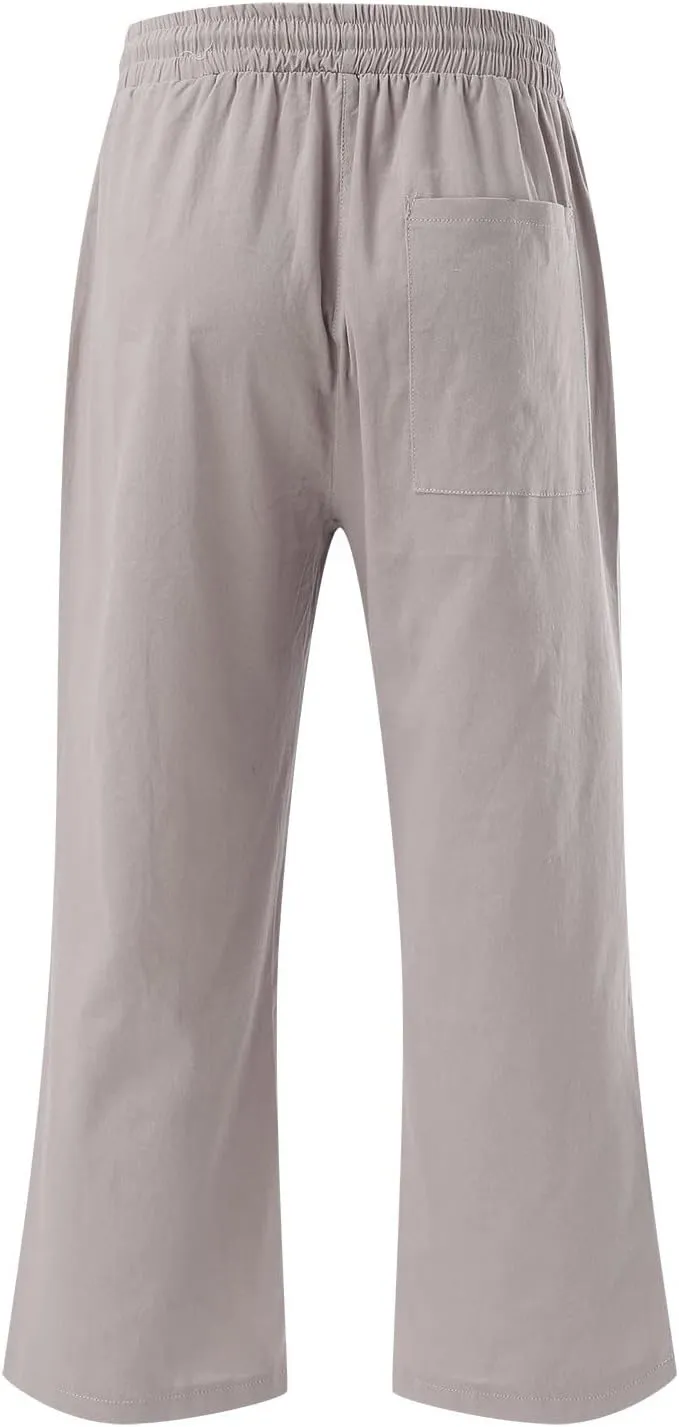 Capri Pants for Women Summer Casual Lounge Pants Cropped Cotton Linen Comfy Drawstring Baggy Trousers with Pockets