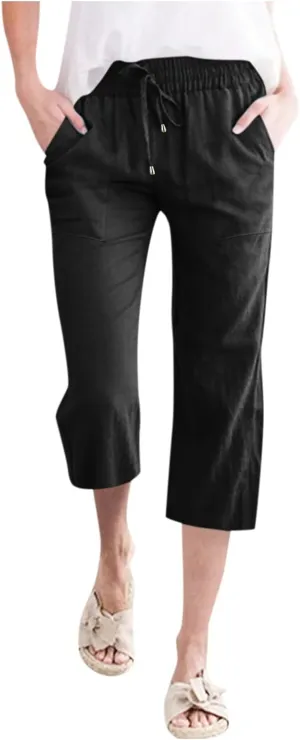 Capri Pants for Women Summer Casual Lounge Pants Cropped Cotton Linen Comfy Drawstring Baggy Trousers with Pockets