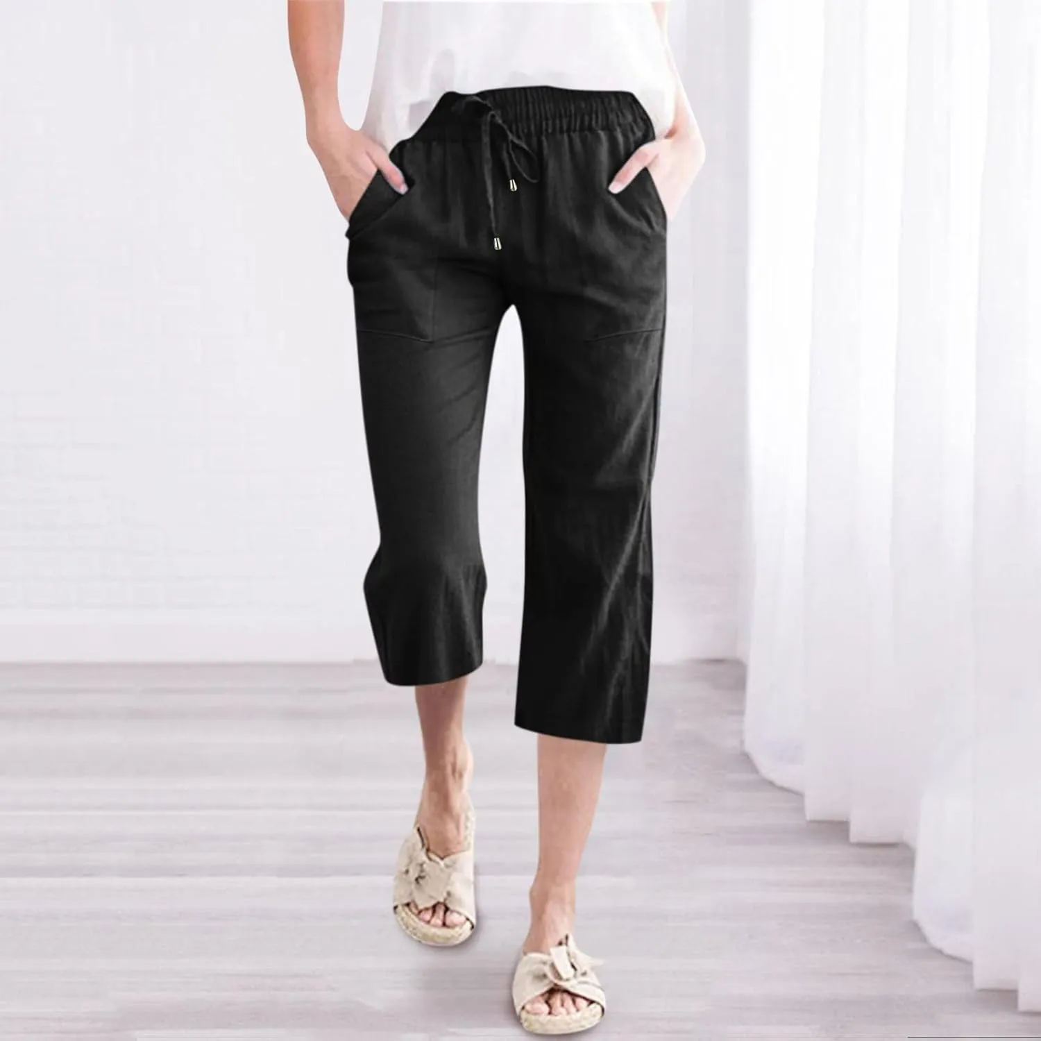 Capri Pants for Women Summer Casual Lounge Pants Cropped Cotton Linen Comfy Drawstring Baggy Trousers with Pockets