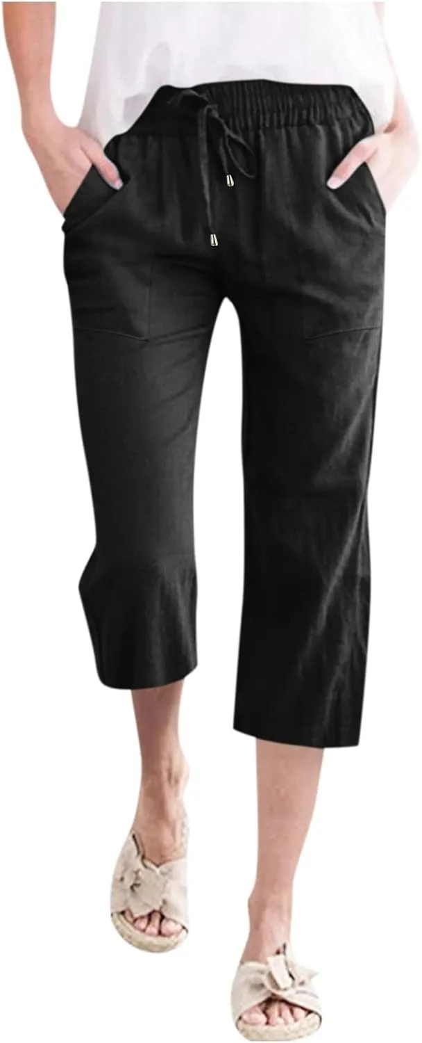 Capri Pants for Women Summer Casual Lounge Pants Cropped Cotton Linen Comfy Drawstring Baggy Trousers with Pockets